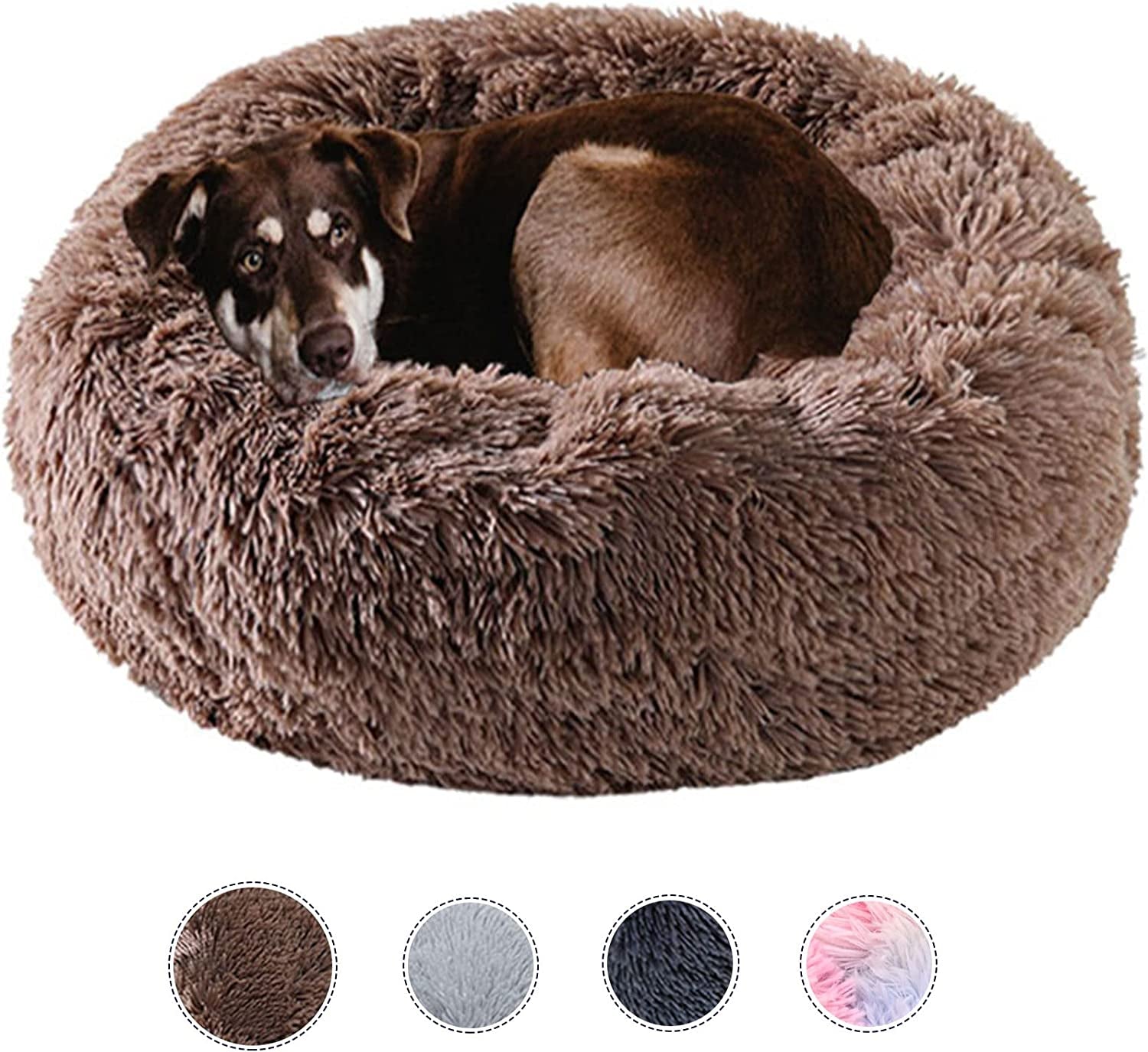 Dog Bed Calming Dog Beds for Small Medium Large Dogs - round Donut Washable Dog Bed, Anti-Slip Faux Fur Fluffy Donut Cuddler Anxiety Cat Bed(35")
