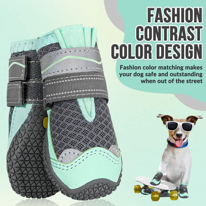 SlowTon Dog Shoes for Large Small Medium Dogs - Breathable Dog Boots for Summer Hot Pavement, Paw Protector for Outdoor Walking Winter Snow, Anti-Slip Rubber Dog Booties for Hard Floor (Green Gray, 0)