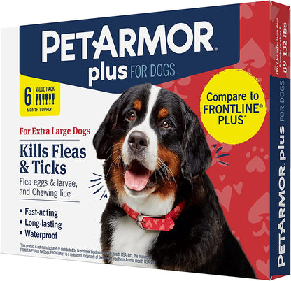 Petarmor plus for Dogs Flea and Tick Prevention for Dogs, Long-Lasting & Fast-Acting Topical Dog Flea Treatment, 6 Count, Extra Large