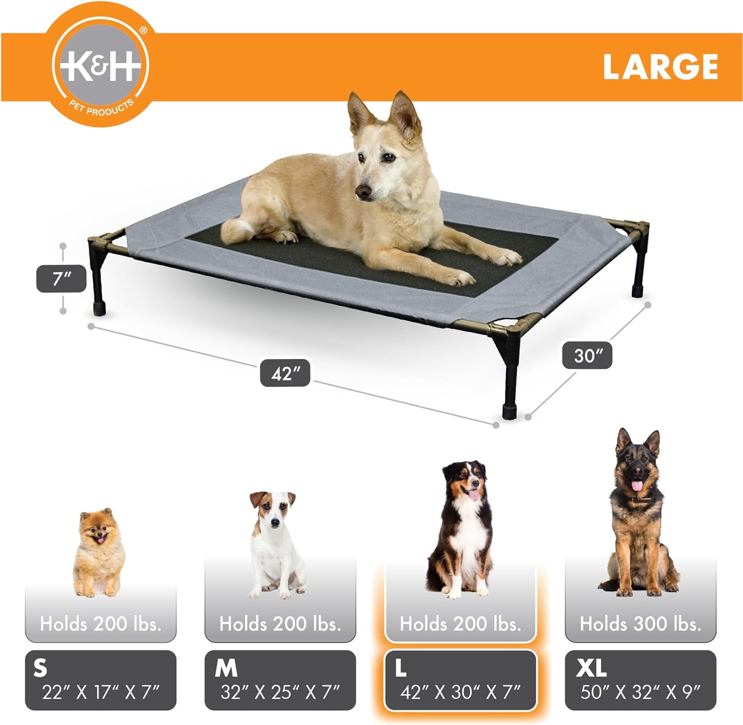 K&H Pet Products Elevated Outdoor Dog Cot Bed, Raised Cooling Bed with Washable Breathable Mesh for Large Dogs, Portable Raised Platform Pet Bed, Heavy Duty Metal Frame Hammock Bed, Large, Tan