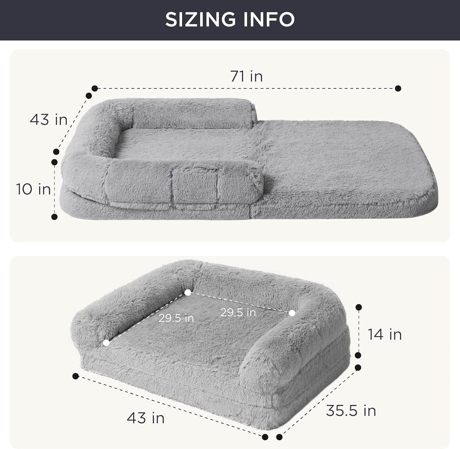 Bedsure Foldable Human Dog Bed for People Adults, 2 in 1 Calming Human Size Giant Dog Bed Fits Pet Families with Egg Foam Supportive Mat and Waterproof Liner, Faux Fur Orthopedic Dog Sofa, Light Grey