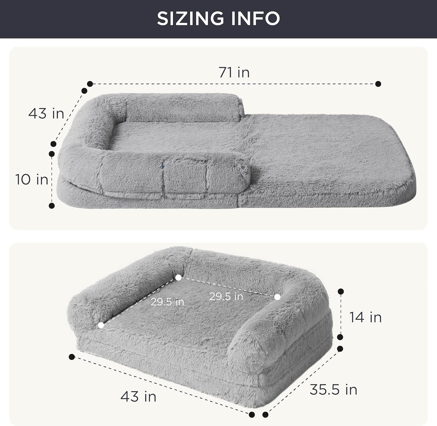 Bedsure Foldable Human Dog Bed for People Adults, 2 in 1 Calming Human Size Giant Dog Bed Fits Pet Families with Egg Foam Supportive Mat and Waterproof Liner, Faux Fur Orthopedic Dog Sofa, Light Blue