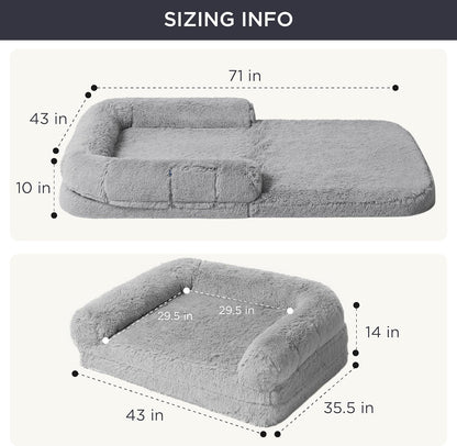 Bedsure Foldable Human Dog Bed for People Adults, 2 in 1 Calming Human Size Giant Dog Bed Fits Pet Families with Egg Foam Supportive Mat and Waterproof Liner, Faux Fur Orthopedic Dog Sofa, Dark Grey