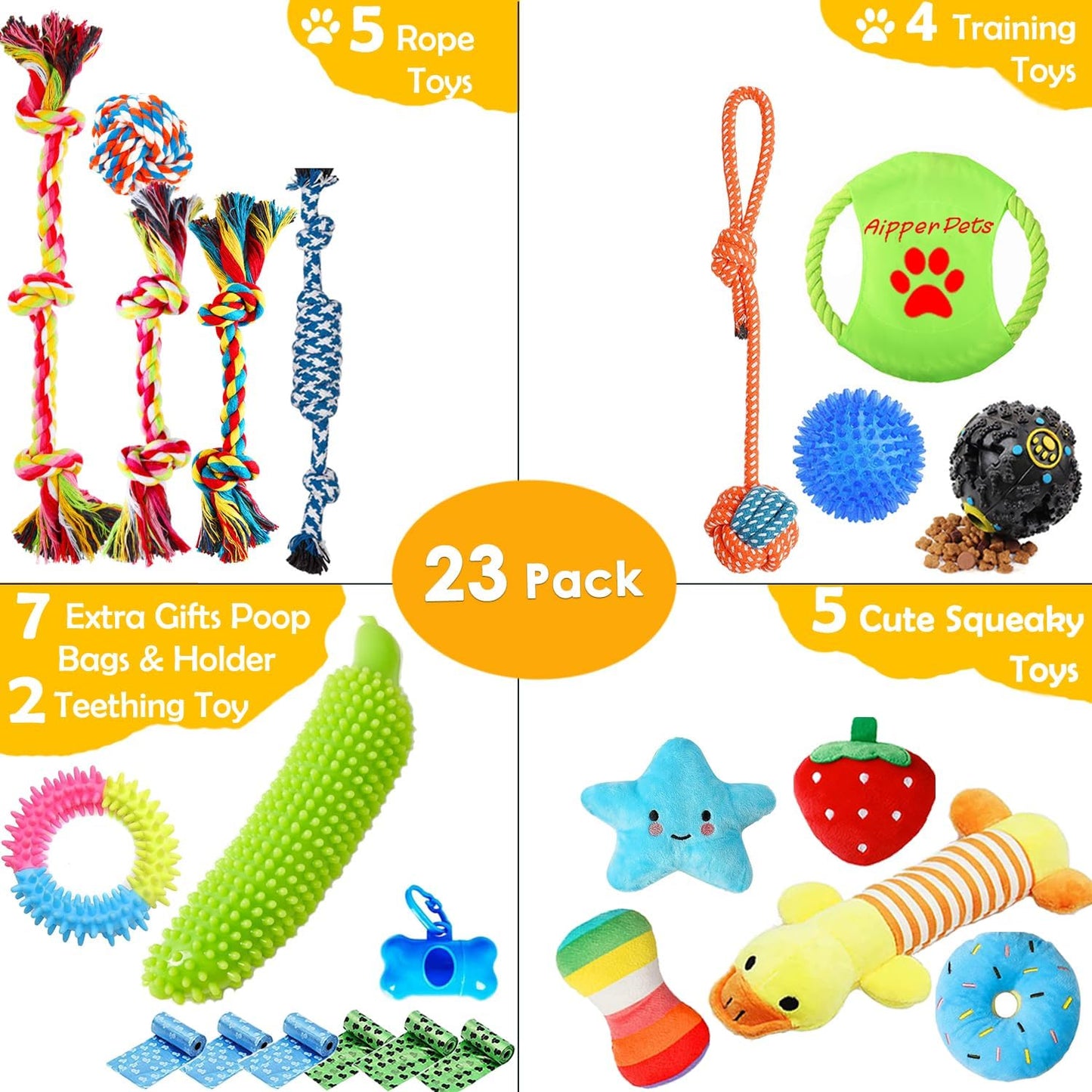 Dog Puppy Toys 23 Pack, Puppy Chew Toys for Fun and Teeth Cleaning, Dog Squeak Toys,Treat Dispenser Ball, Tug of War Toys, Puppy Teething Toys, Dog Rope Toys Pack for Puppy to Small Dogs