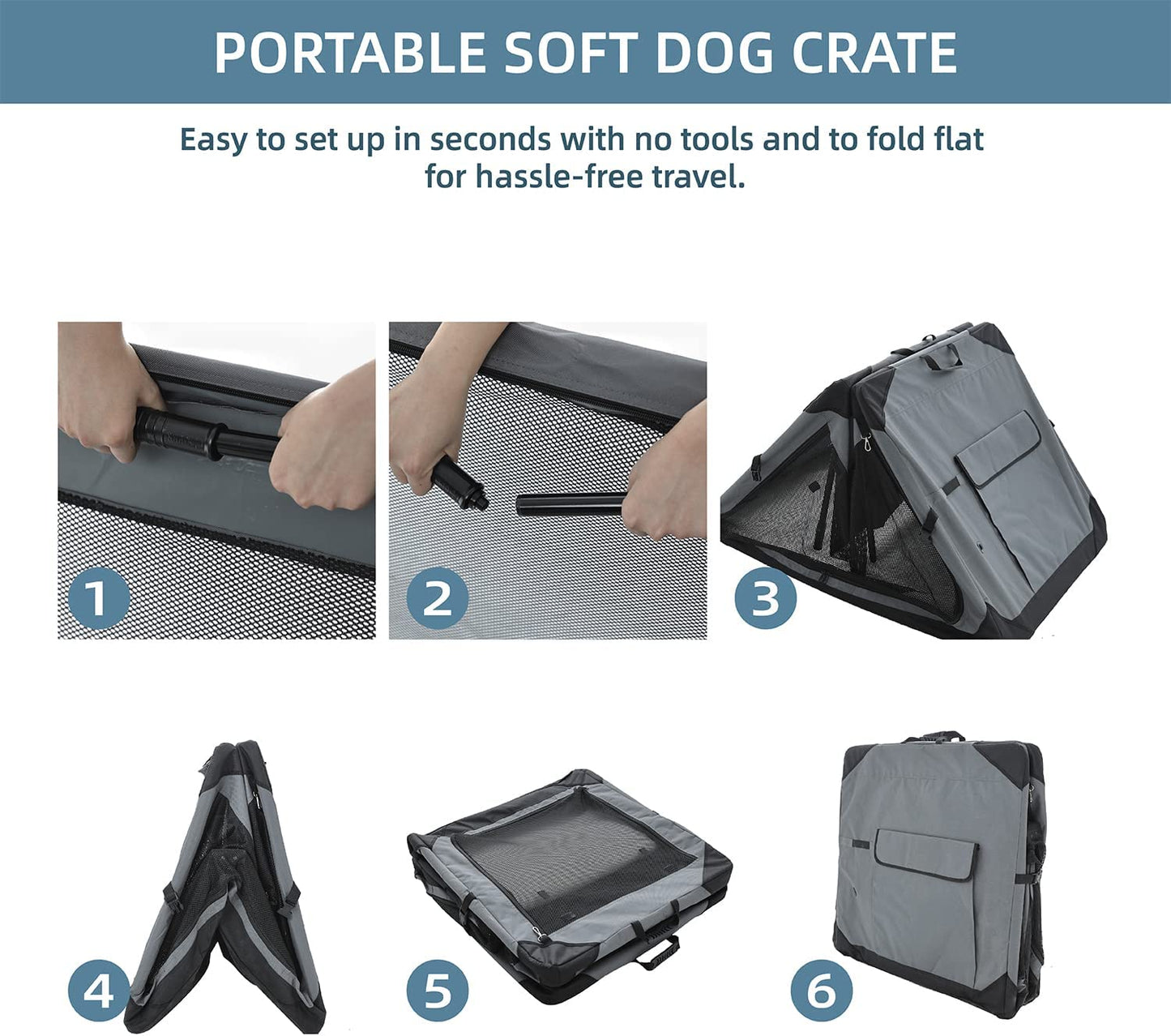 26 Inch Collapsible Dog Crate for Medium Dogs, 4-Door Foldable Soft Dog Kennel with Chew Proof Mesh Windows, Indoor & Outdoor Travel Dog Crate, Soft Side Dog Crate