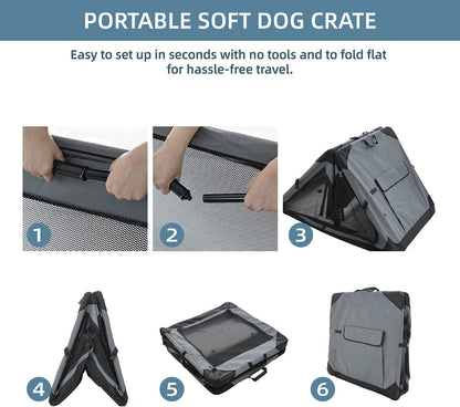 26 Inch Collapsible Dog Crate for Medium Dogs, 4-Door Foldable Soft Dog Kennel with Chew Proof Mesh Windows, Indoor & Outdoor Travel Dog Crate, Soft Side Dog Crate