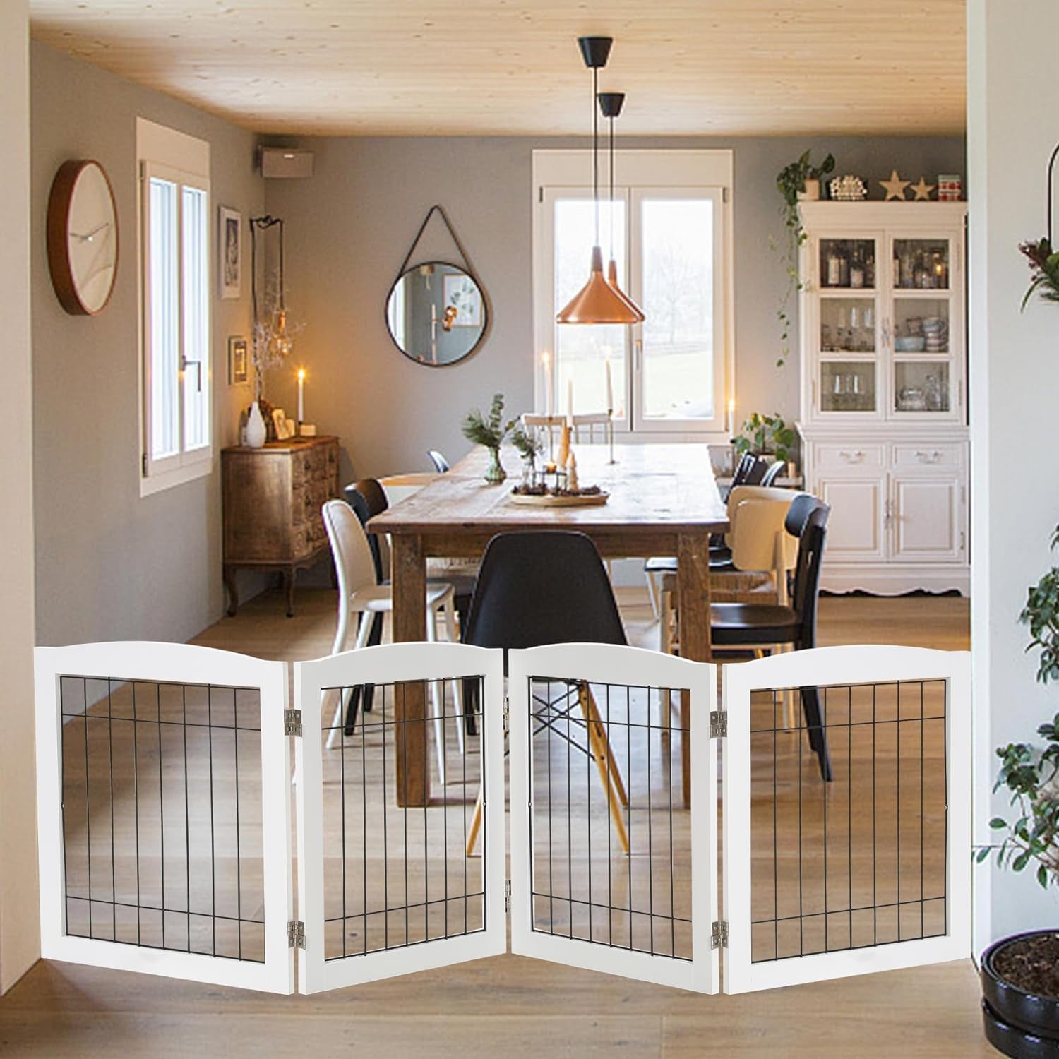 LZRS Sturdy Wood Pet Gate, Freestanding Tall Wire Dog Gate Safety Fence Indoor, Foldable Stair Barrier Pet Exercise for Most Furry Friends, Dog Gate for Stairs, Walnut,30" Height-4 Panels