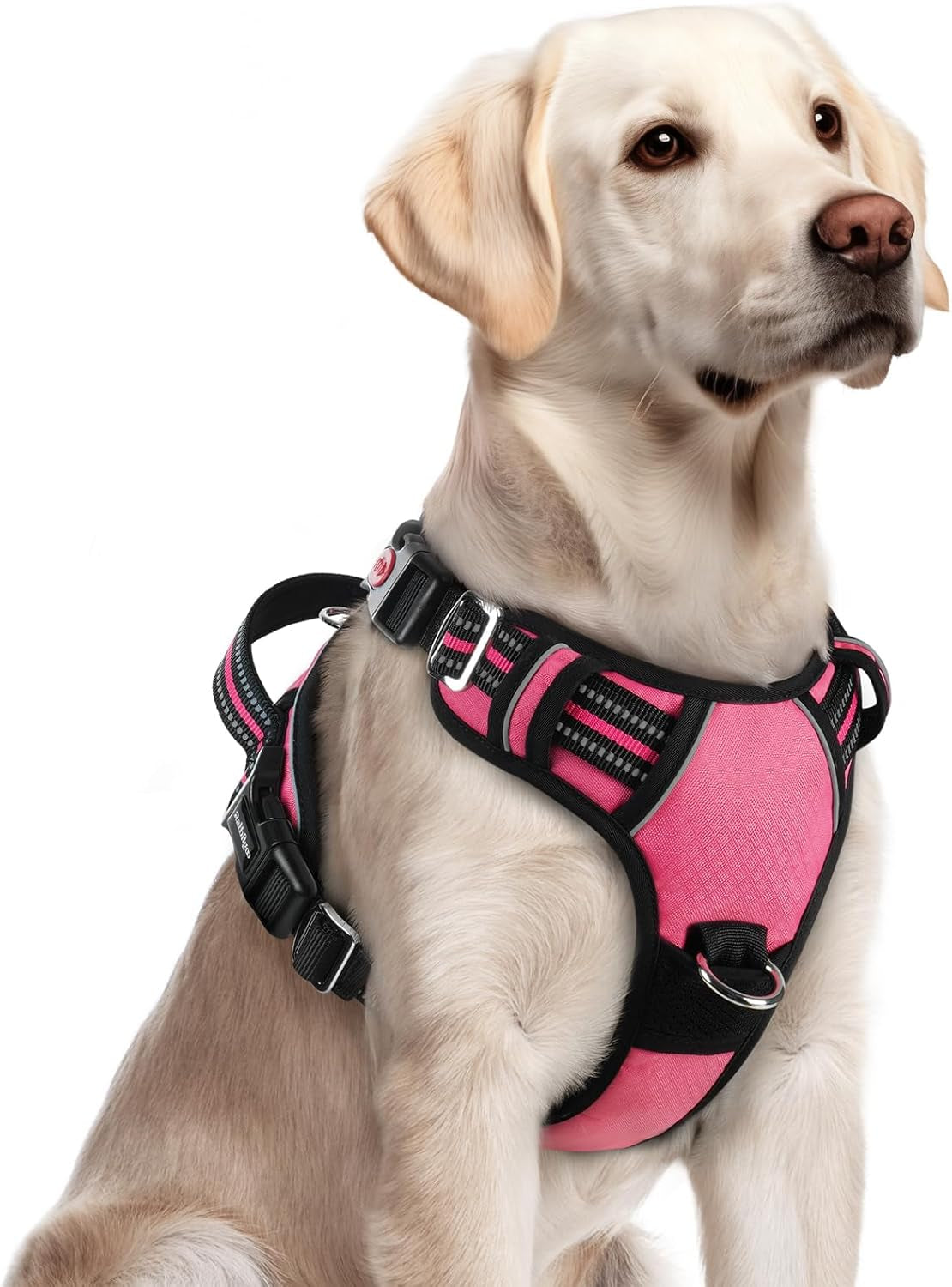 rabbitgoo Dog Harness for Large Dogs, No Pull Dog Vest Harness with 3 Buckles, Adjustable Soft Padded Pet Harness with Easy Control Handle and Reflective Strips, Pink, L