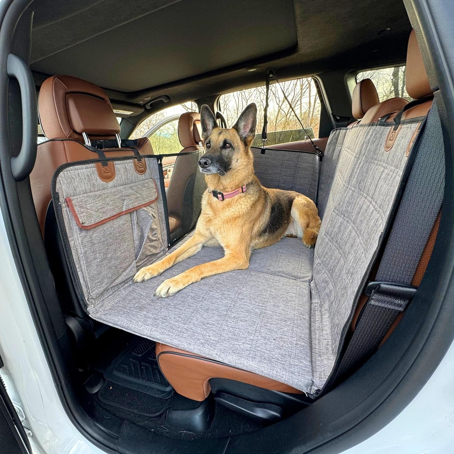 Dog Back Seat Extender - Waterproof Mesh Platform for Cars, Trucks, Suvs - with Storage Pockets and Door Covers (Black)