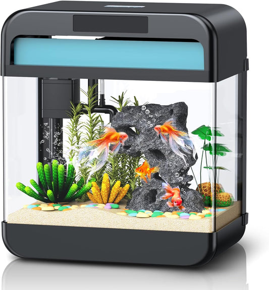 Fish Tank Aquarium 2.2 Gallon with Adjustable 3 Color Lighting Self Cleaning 3 in 1 Pump with Filteration, Oxygenation, Water Circulation Triple Function, HD Float Glass, Leak-Proof Thickened Base