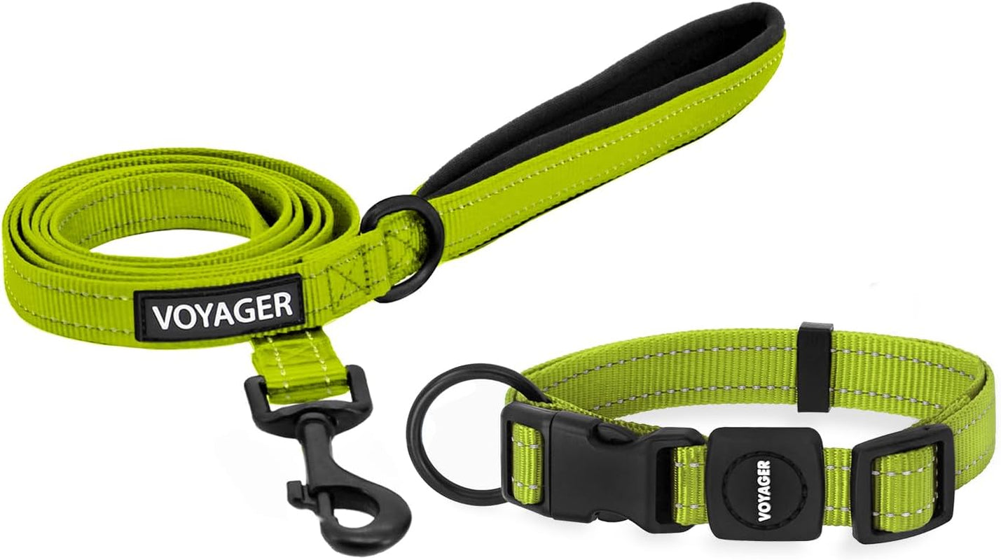 Voyager Reflective Dog Leash Collar Set with Neoprene Handle Supports Small, Medium, and Large Breed Puppies, Cute and Heavy Duty for Walking, Running, and Training - Lime Green, S