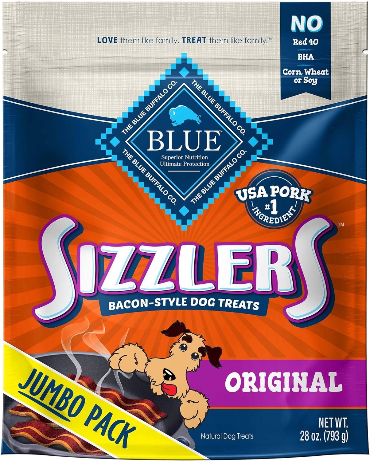 Blue Buffalo Sizzlers Natural Bacon-Style Soft-Moist Dog Treats, Original Pork 28-Oz Bag