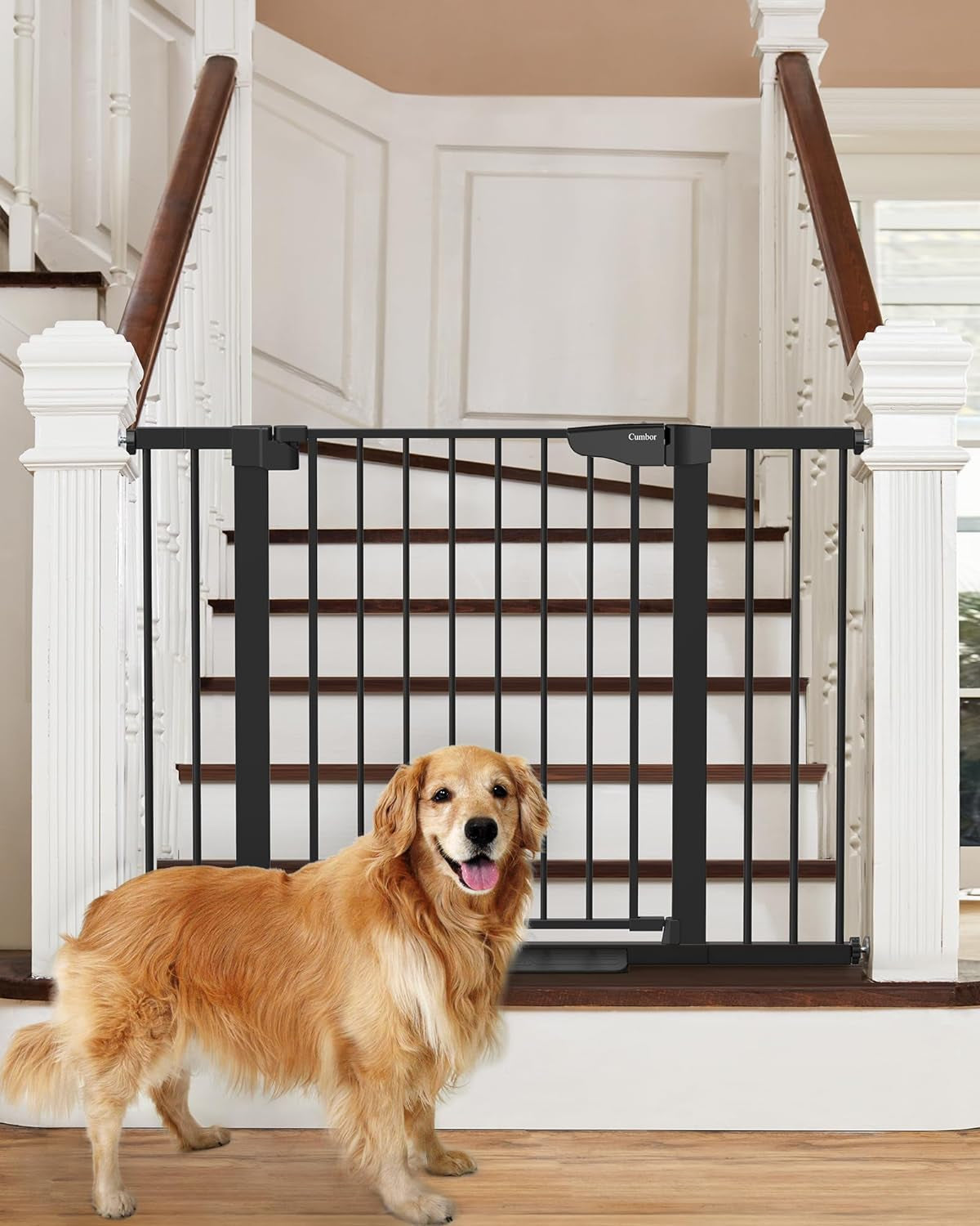 Cumbor 29.7-46" Baby Gate for Stairs, Mom'S Choice Awards Winner-Auto Close Dog Gate for the House, Easy Install Pressure Mounted Pet Gates for Doorways, Easy Walk Thru Wide Safety Gate for Dog, Black