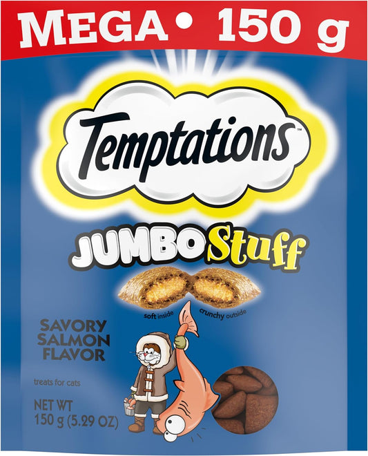 TEMPTATIONS Jumbo Stuff Crunchy and Soft Cat Treats Savory Salmon Flavor, 5.3 Oz. Pouch (Pack of 10)