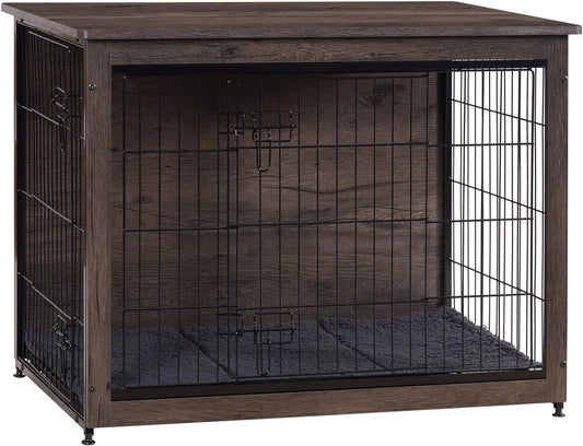 DWANTON Dog Crate Furniture with Cushion, Medium Wooden Dog Crate with Double Doors, Dog Furniture, Indoor Dog Kennel, End Table, Medium, 32.5" L, Dark Grey