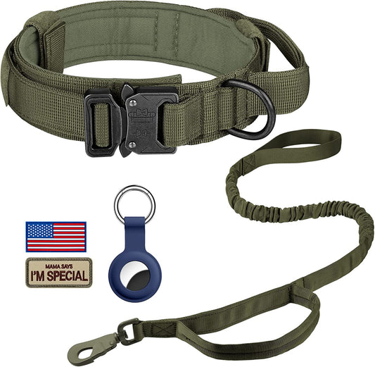 DAGANXI Tactical Dog Collar, Adjustable Military Training Nylon Dog Collar with Control Handle and Heavy Metal Buckle for Medium and Large Dogs, with Patches and Airtags Case (XL, Green-Set)