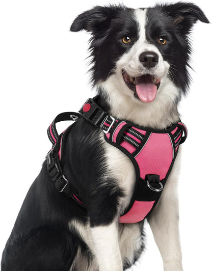 Rabbitgoo Dog Harness Medium Sized, No Pull Dog Vest Harness with 3 Buckles, Adjustable Soft Padded Pet Harness with Easy Control Handle and Reflective Strips, Pink, M