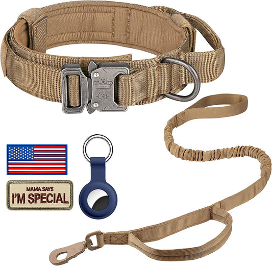 DAGANXI Tactical Dog Collar, Adjustable Military Training Nylon Dog Collar with Control Handle and Heavy Metal Buckle for Medium and Large Dogs, with Patches and Airtags Case (S, Brown-Set)