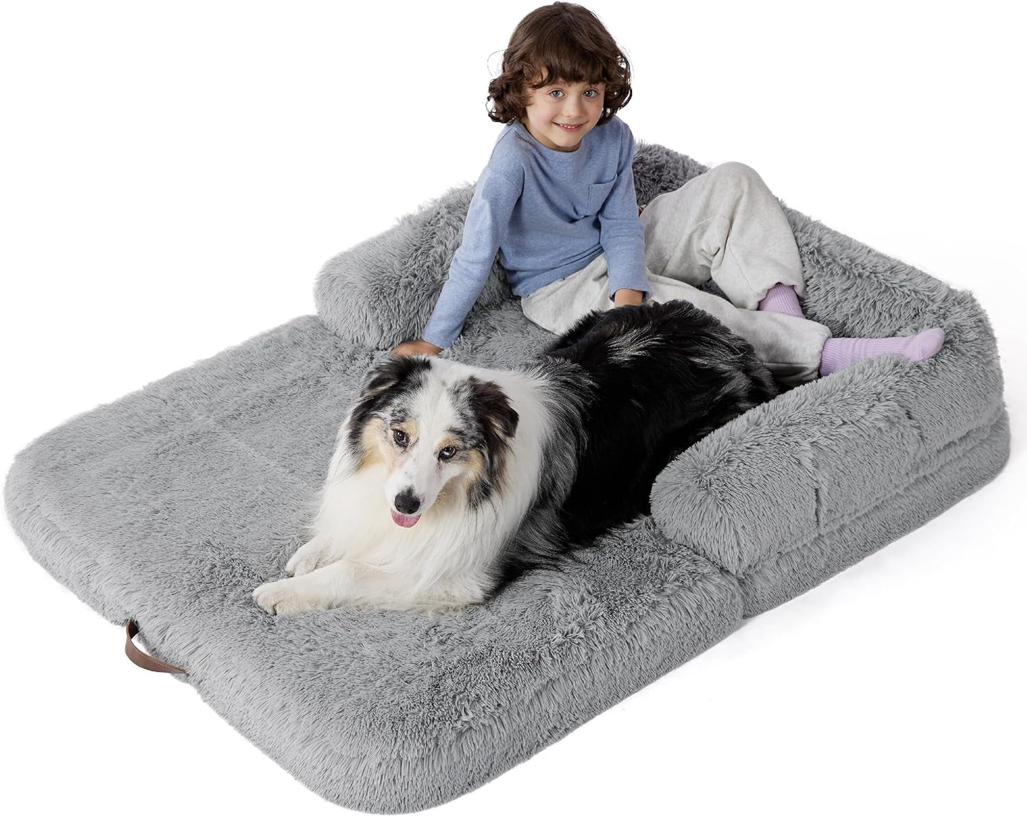 Bedsure Foldable Human Dog Bed for Kids, 2 in 1 Calming Human Size Giant Dog Bed Fits Pet Families with Egg Foam Supportive Mat and Waterproof Liner, Faux Fur Orthopedic Dog Sofa, Light Grey