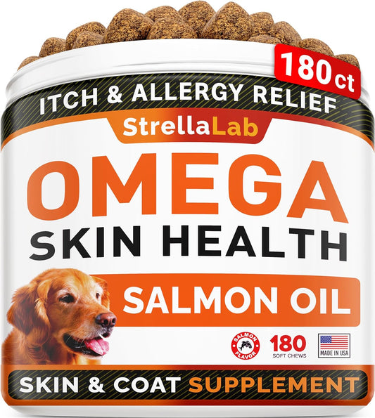 Strellalab Omega 3 for Dogs - (180Ct) Fish Oil Treats - Allergy & Itch Relief Skin&Coat Supplement - Dry Itchy Skin, Shedding, Hot Spots Treatment, anti Itch - Pet Salmon Oil Chews - Salmon Flavor