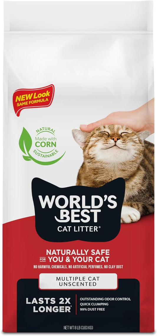 WORLD'S BEST CAT LITTER Multiple Cat Unscented, 8-Pounds - Natural Ingredients, Quick Clumping, Flushable, 99% Dust Free & Made in USA - Long-Lasting Odor Control & Easy Scooping