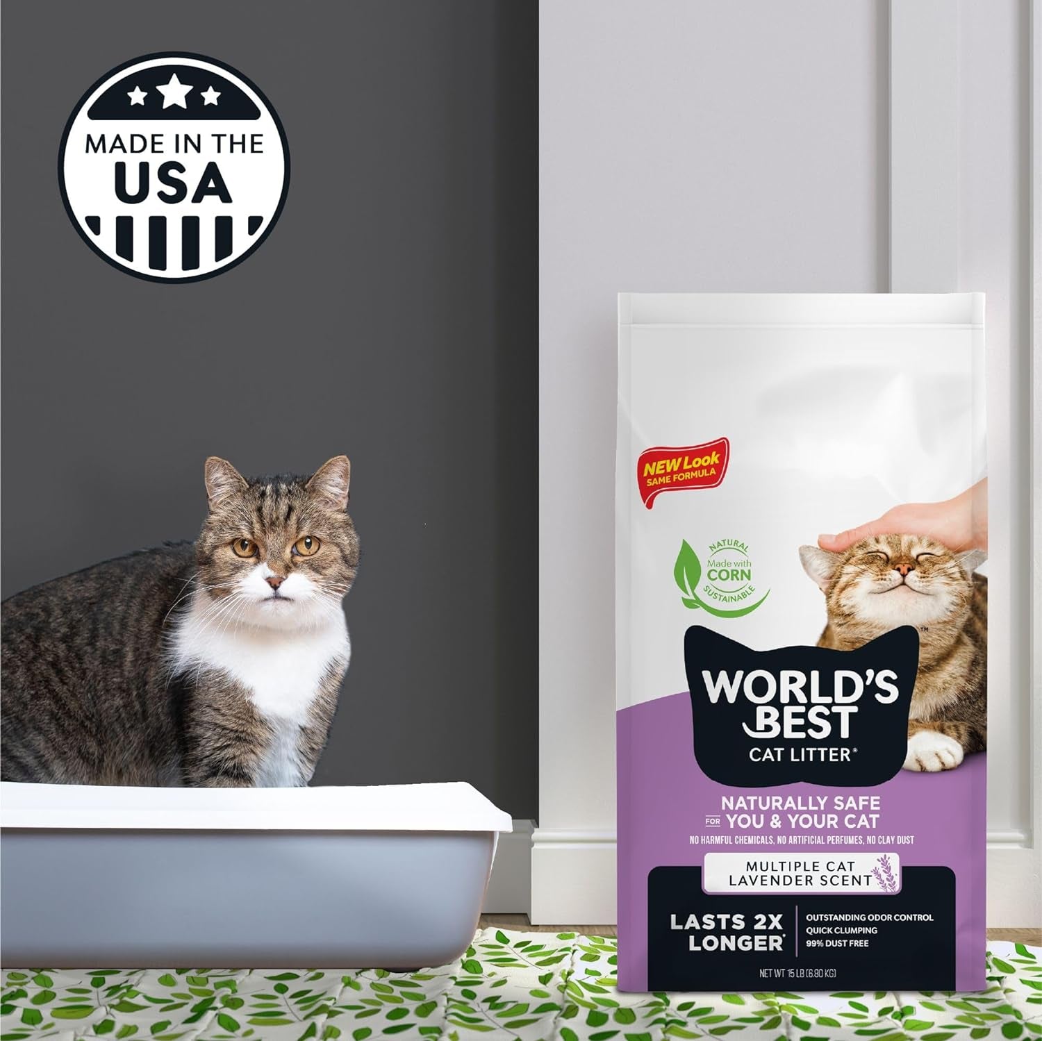 WORLD'S BEST CAT LITTER Multiple Cat Lavender Scented 15-Pounds - Natural Ingredients, Quick Clumping, Flushable, 99% Dust Free & Made in USA - Calming Fragrance & Long-Lasting Odor Control