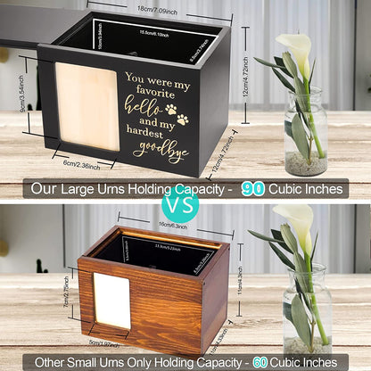 Pet Memorial Urns for Dog or Cat Ashes, Xlarge Wooden Funeral Cremation Urns with Photo Frame, Memorial Keepsake Memory Box with Black Flannel as Lining, Loss Pet Memorial Remembrance Gift