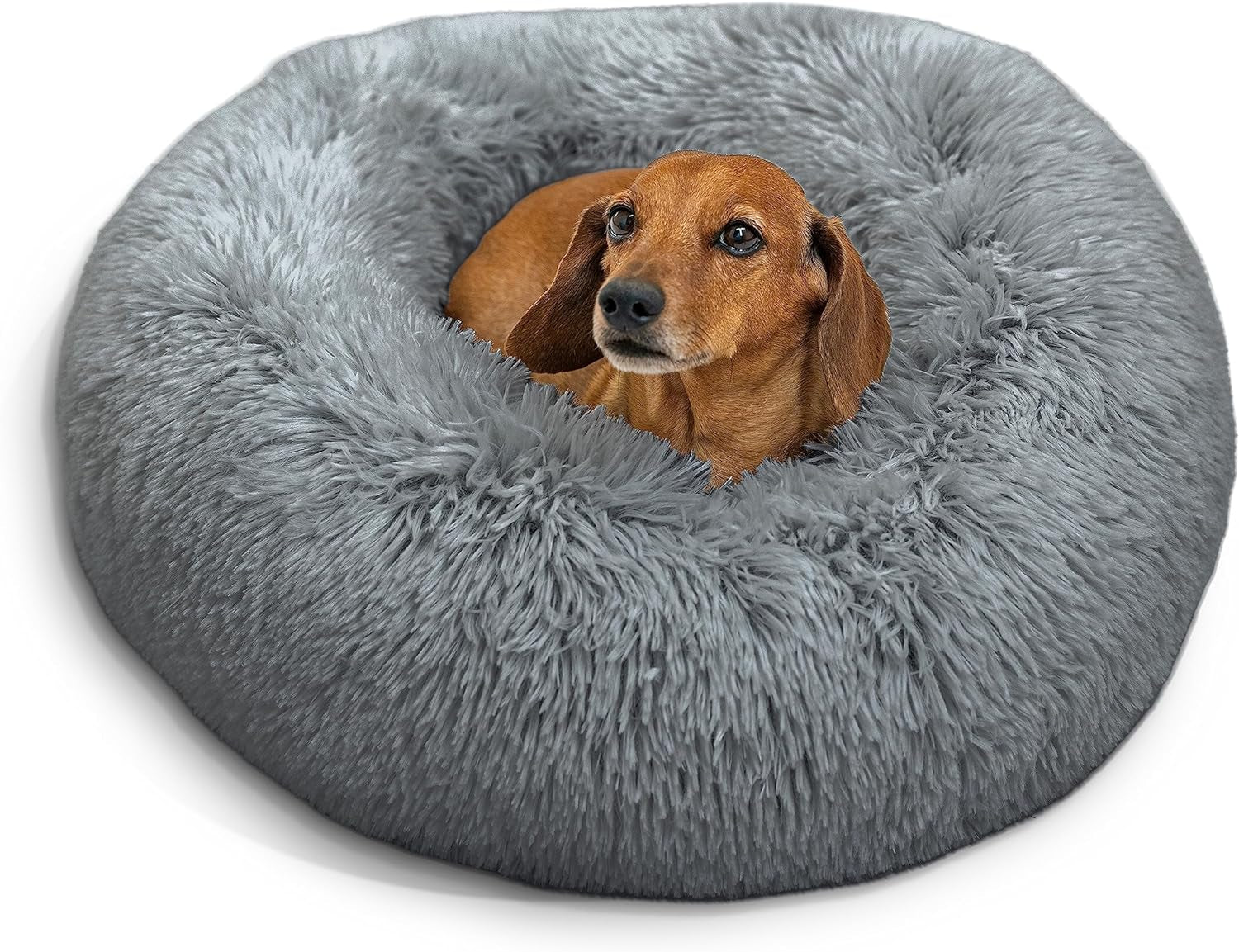 Best Friends by Sheri the Original Calming Donut Cat and Dog Bed in Shag Fur Gray, Small 23"