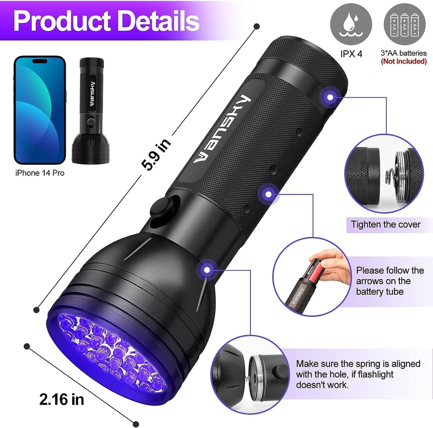 Vansky UV Flashlight Black Light, 51 LED Blacklight Pet Urine Detector for Dog/Cat Urine, Dry Stains, Bed Bug, Resin Curing, Scorpions Finder