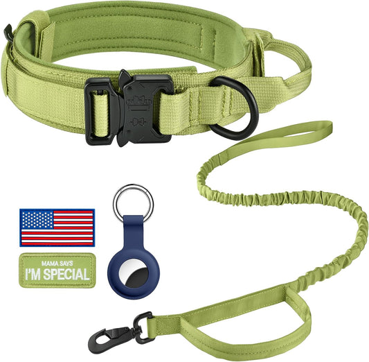 DAGANXI Tactical Dog Collar, Adjustable Military Training Nylon Dog Collar with Control Handle and Heavy Metal Buckle for Medium and Large Dogs, with Patches and Airtags Case (XL, Spring Grass-Set)