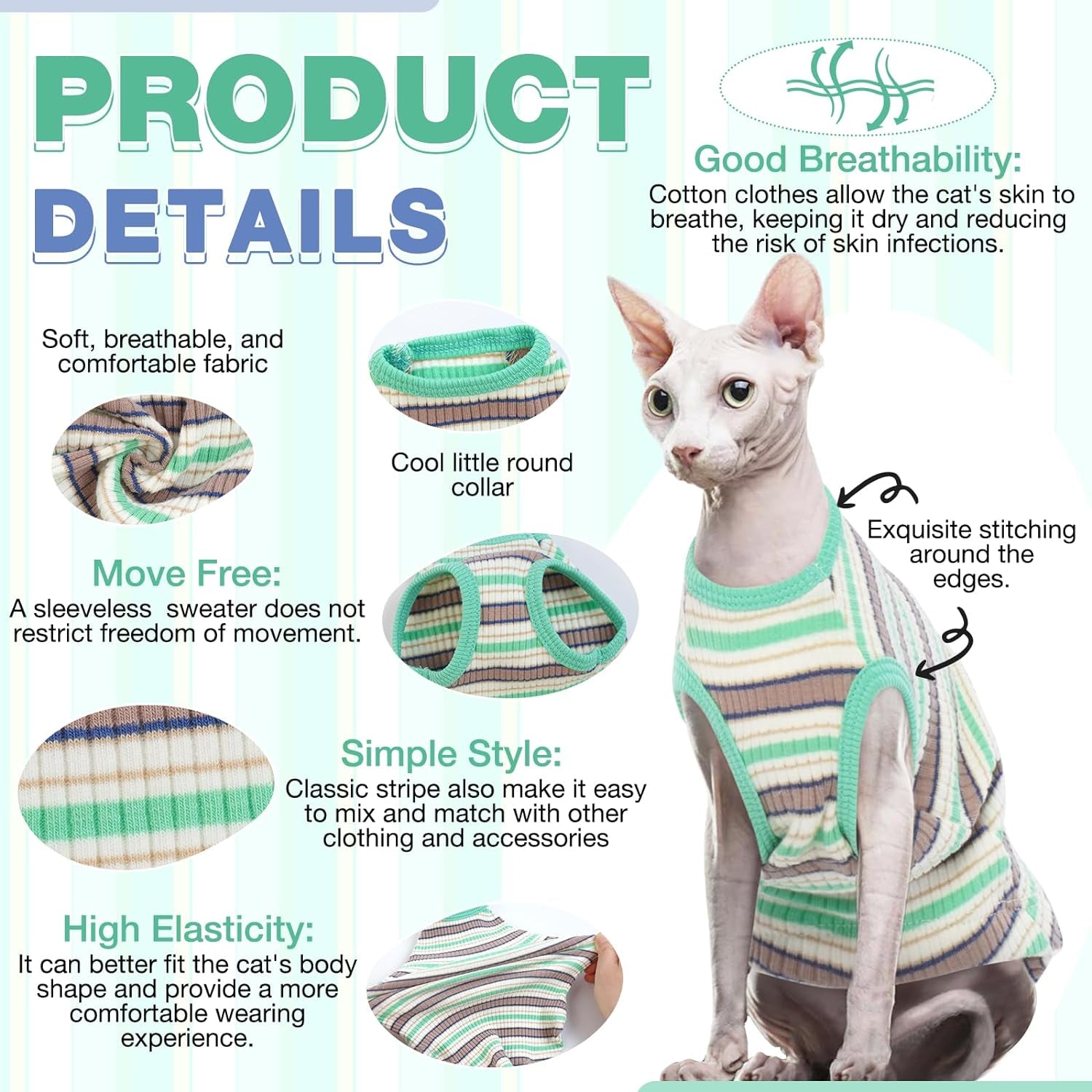 ROZKITCH Sphynx Cat Clothes, Soft Hairless Cat Shirt Stretchy Cat Sweater, Pullover Stripe Cat Pajamas, Cat Vest for Cornish Rex, Devon Rex, Peterbald Kitten Puppy Small Dog All Seasons Green M