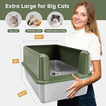 Enclosed Stainless Steel Cat Litter Box with High Side, XL Large Litter Box for Big Cats, Easy Clean Metal Kitty Litter Box with Scoop