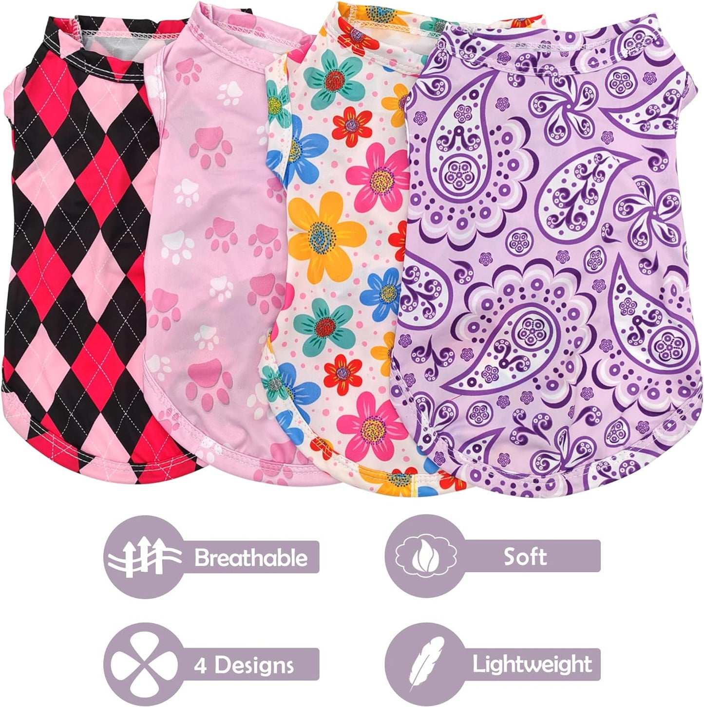 PET SHOW 4 Pack Cooling Dog Shirts Puppy Summer Clothes Paisley Vest Paw Printed Sleeveless Cats Doggies Floral T-Shirts Plaid Tank Top Tee for Small Medium Dogs (L, Pink for Girls)