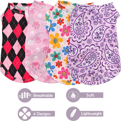 PET SHOW 4 Pack Cooling Dog Shirts Puppy Summer Clothes Paisley Vest Paw Printed Sleeveless Cats Doggies Floral T-Shirts Plaid Tank Top Tee for Small Medium Dogs (S, Pink for Girls)