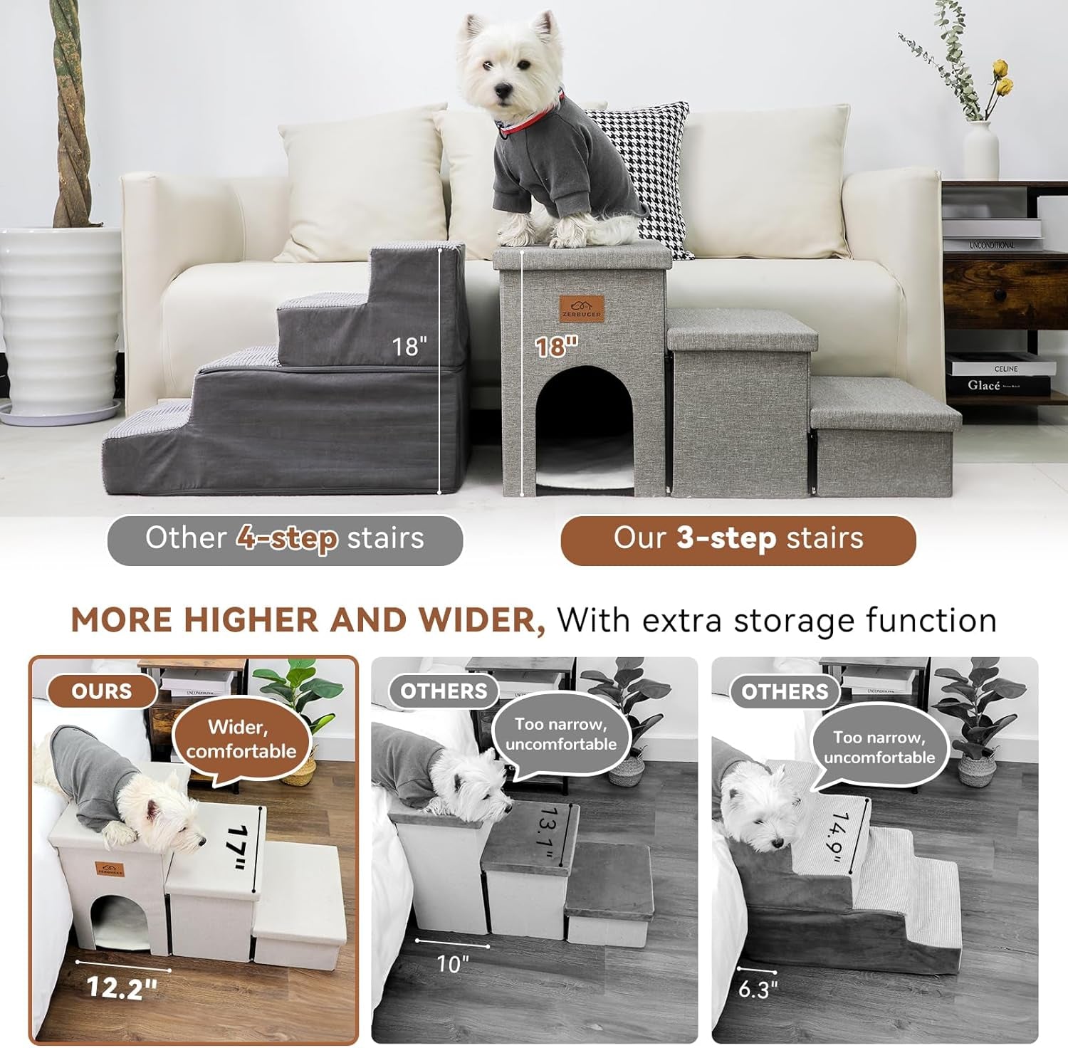 Dog Stairs, Dog Steps for High Beds 17.5"H, Folding Pet Stairs for Small Medium or Large Dogs Puppy with Storage for Bed and Couch, Dog Ramp for Car Hold up to 200 Lbs (Smok Grey, 3 Steps with Condo)