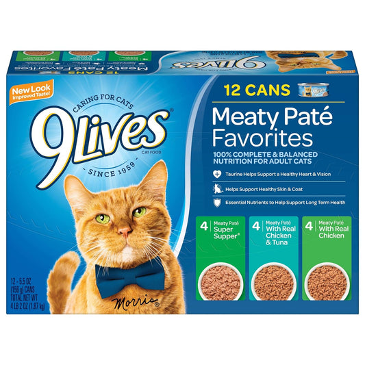 9Lives Paté Favorites Wet Cat Food Variety Pack, 5.5 Ounce (Pack of 12)