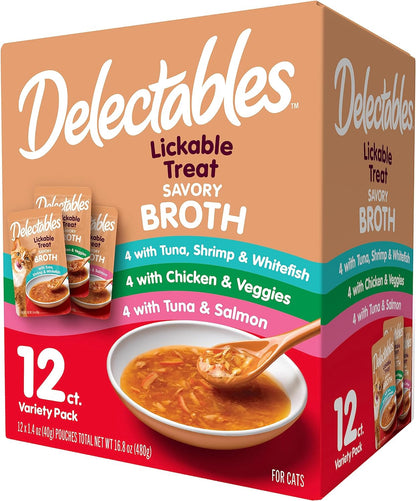 Hartz Delectables Savory Broths Tuna & Salmon Lickable Wet Cat Treats, 12 Count