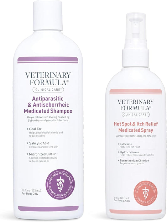 Veterinary Formula Clinical Care Antiparasitic & Antiseborrheic Medicated Dog Shampoo & Clinical Care Hot Spot & Itch Relief Medicated Spray, 8Oz