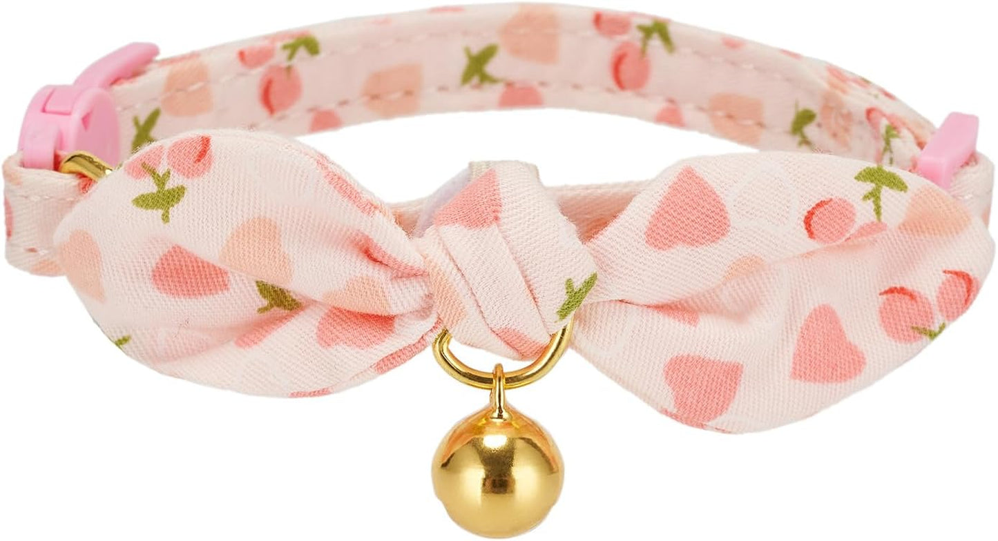 Cotton Bowtie Cat Collar with Bell 2 Pack Stylish Floral Breakaway Kitten Collars with Removeable Knot Bow,Blue & Pink