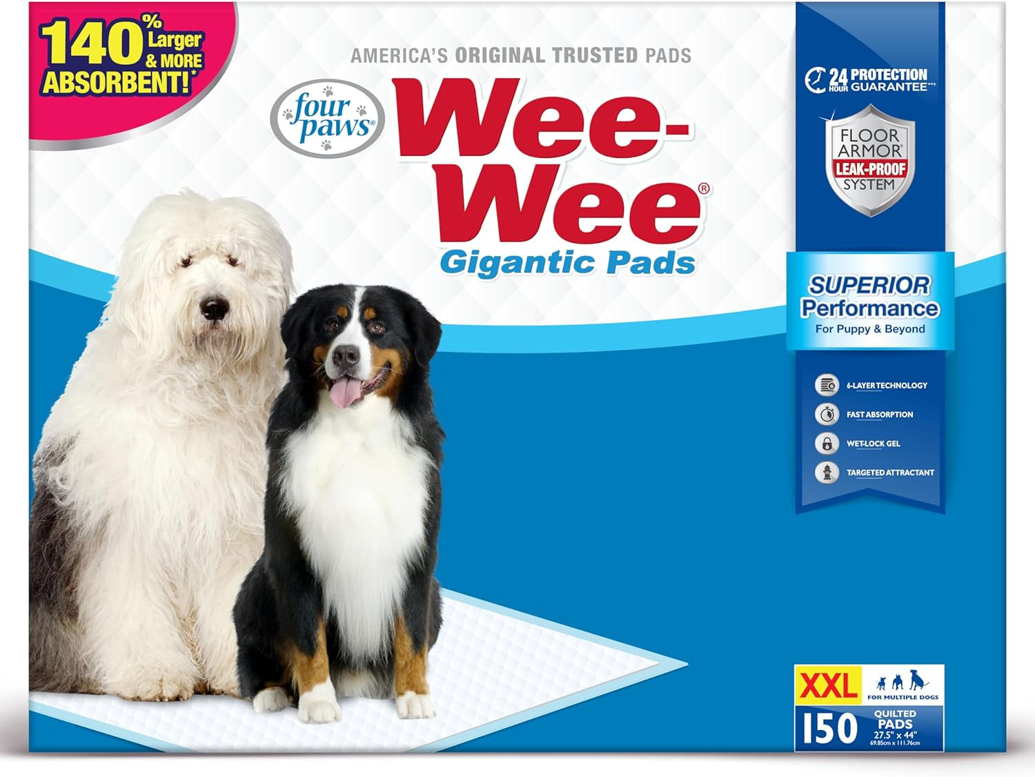 Four Paws Wee-Wee Superior Performance Gigantic Pee Pads for Dogs - Puppy & Dog Pads for Potty Training - Dog Supplies - 27.5" X 44" (150 Count)