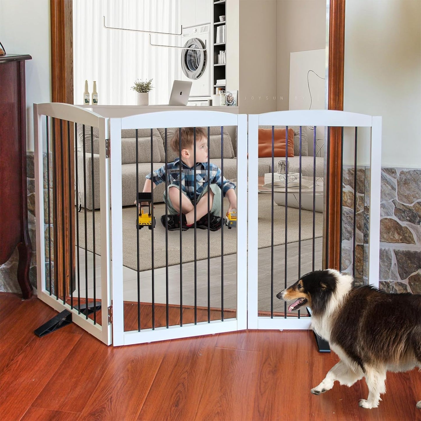 Freestanding Panel Dog Gate for Indoor, Doorways,Stairs, or Hallways,Foldable Wooden White Dog Gates for House,Pet Gate for Dogs,Dog Fence, Puppy Gate,Support Feet Included,32 "Height-3 Panels