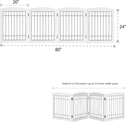 LZRS Sturdy Wood Pet Gate, Freestanding Wire Dog Gate Safety Fence Indoor, Foldable Stair Barrier Pet Exercise for Most Furry Friends, Dog Gate for Stairs, White,24" Height-4 Panels