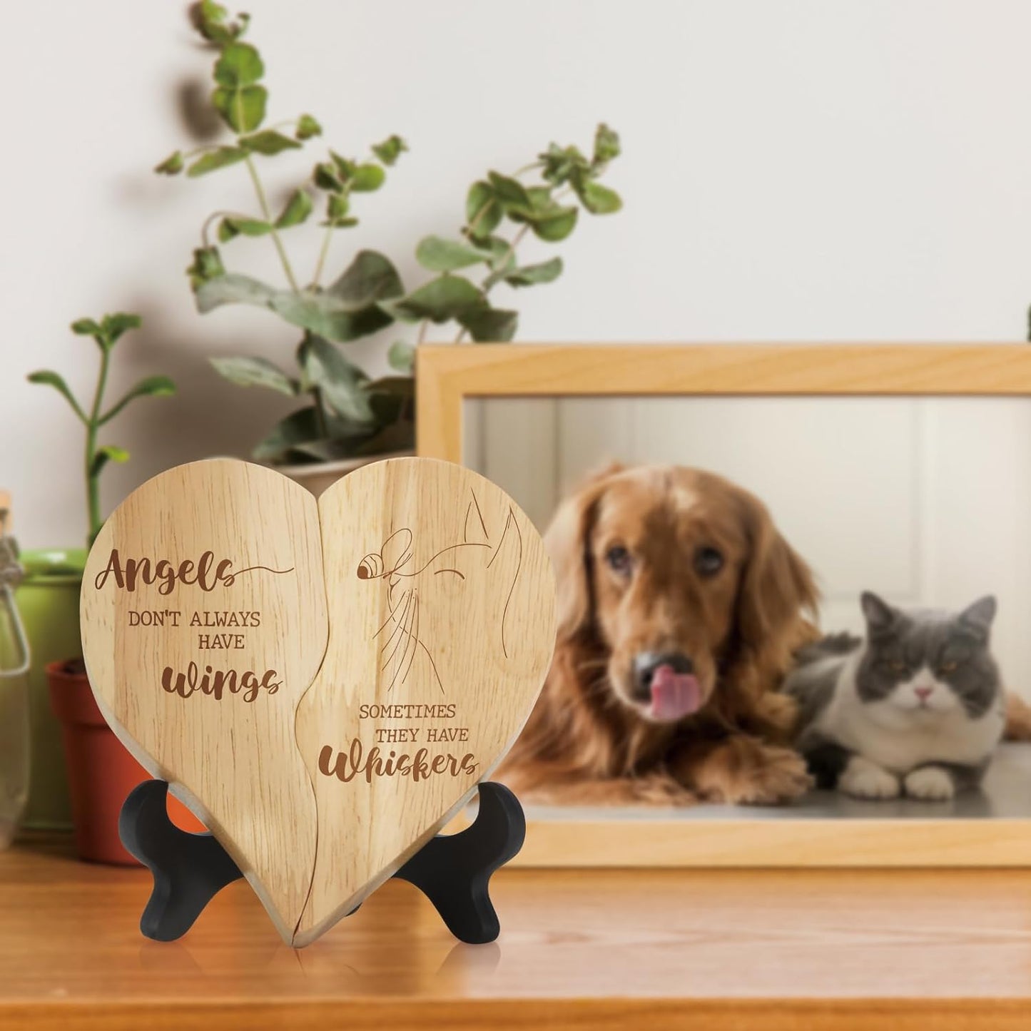 Cat Memorials Gifts - Loss of Cat Sympathy Gift, Cat Bereavement Gifts, Wooden Heart Pet Memorial Gifts, Wooden Decorative Signs Plaques - Angels Don'T Always Have Wings