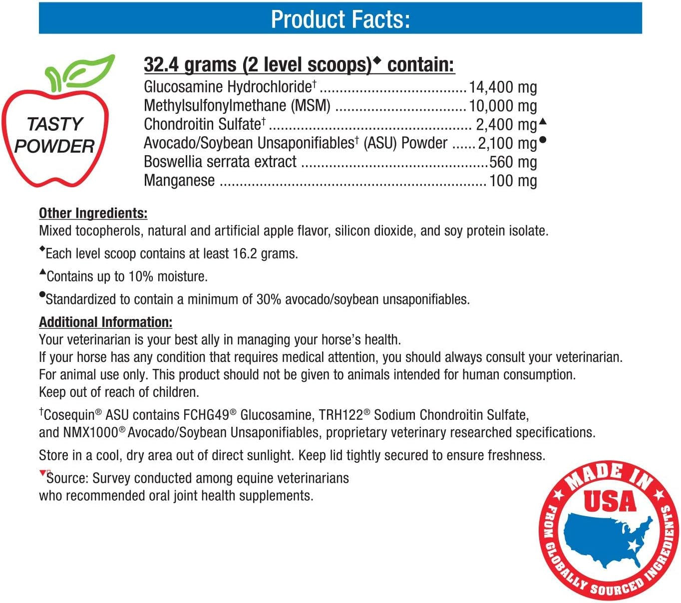 Nutramax Cosequin ASU Joint Health Supplement for Horses - Powder with Glucosamine, Chondroitin, ASU, and MSM, 1320 Grams