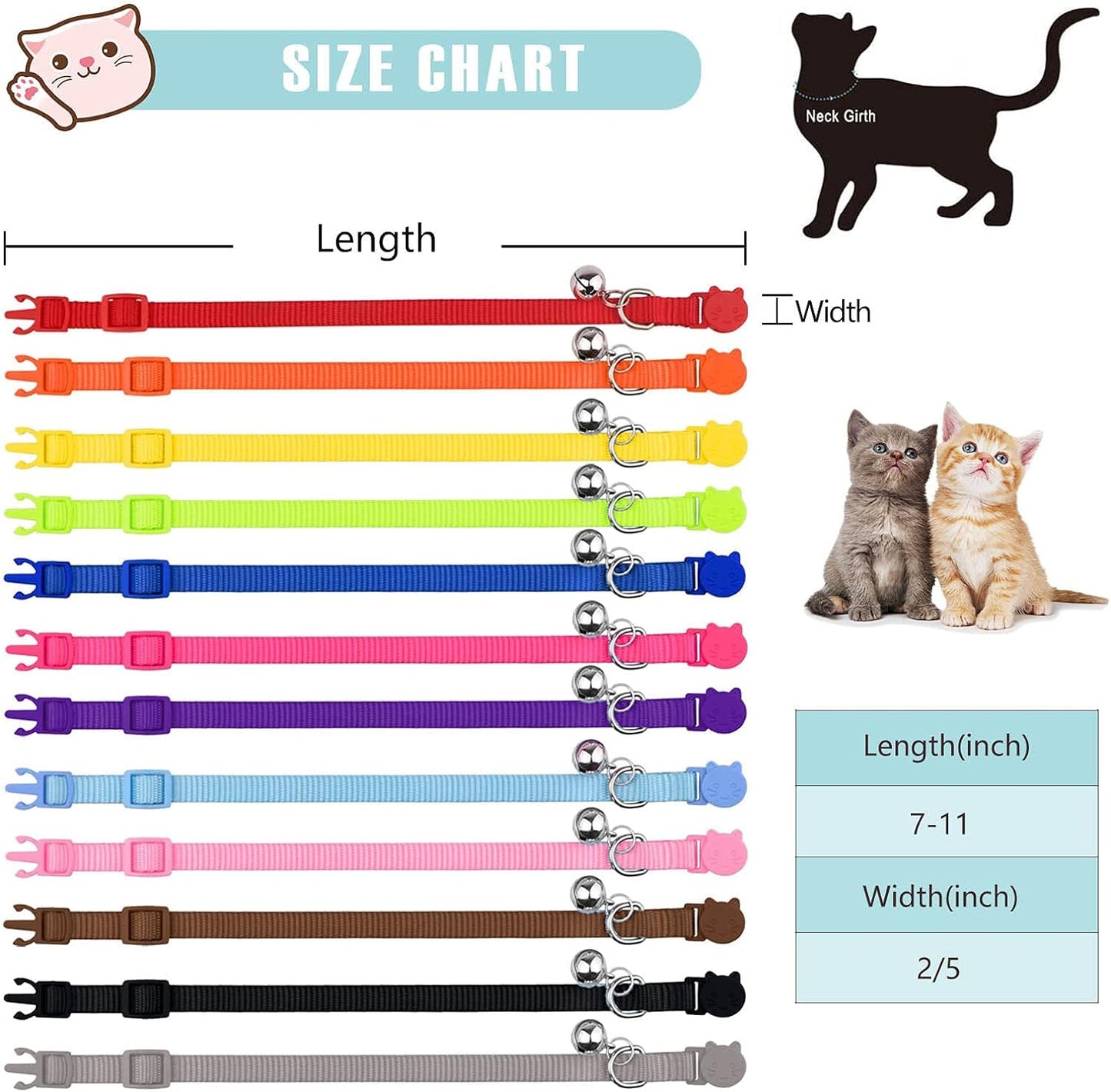 12 PCS Breakaway Cat Collars with Bell Colorful Soft Safety Buckle Cat Collars Adjustable Breakaway Kitten Collars Safety Collars for Cats, 7 In-11 In