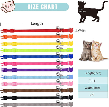 12 PCS Breakaway Cat Collars with Bell Colorful Soft Safety Buckle Cat Collars Adjustable Breakaway Kitten Collars Safety Collars for Cats, 7 In-11 In