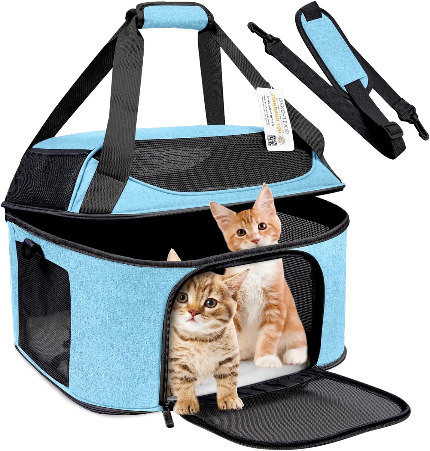 Large Cat Carrier for 2 Cats, Oeko-Tex Certified Soft Side Pet Carrier for Cat, Small Dog, Collapsible Travel Small Dog Carrier, TSA Airline Approved Cat Carrier for Large Cats 20 Lbs, Blue