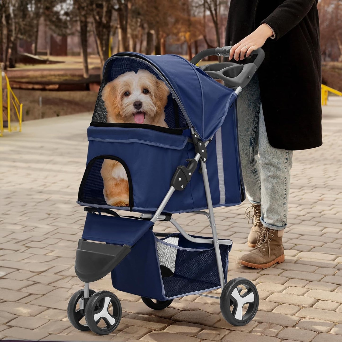 Monibloom 3-Wheels Foldable Pet Stroller W/Cover, Pet Strolling Cart for Small/Medium Dogs and Cats W/Cup Holder, Breathable Visible Mesh, Pink