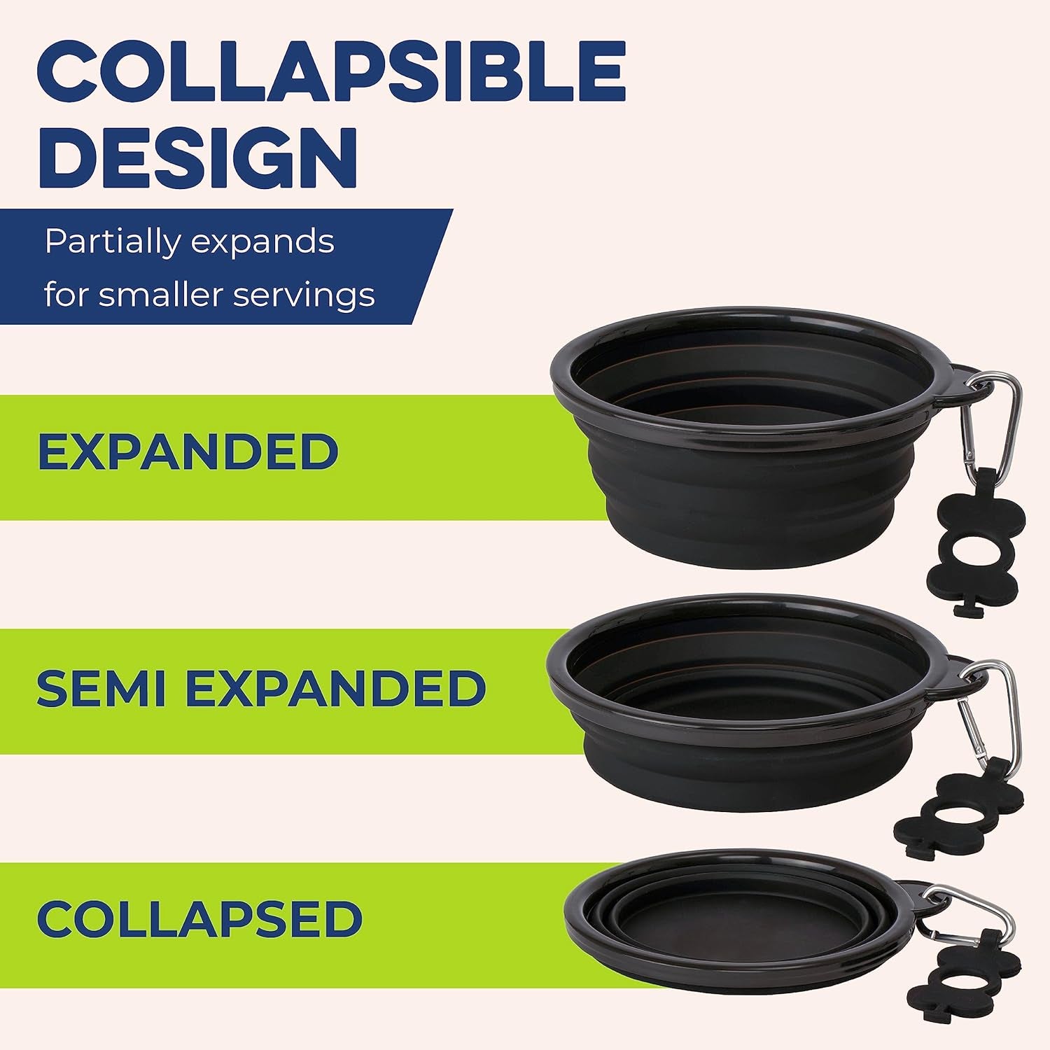 Small Collapsible Dog Bowl Twin Pack, Sturdy Reinforced Rim, Includes Carabiner & Water Bottle Holder Keychain, Black