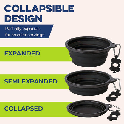 Small Collapsible Dog Bowl Twin Pack, Sturdy Reinforced Rim, Includes Carabiner & Water Bottle Holder Keychain, Black
